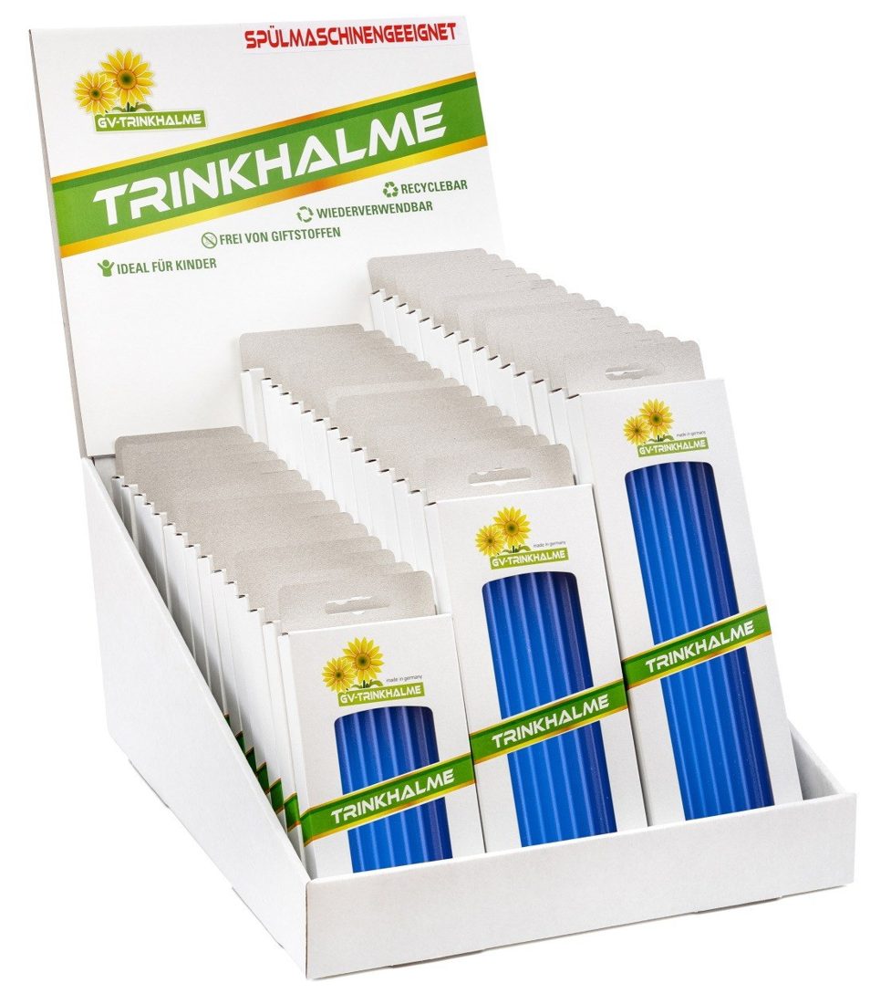 Thekendisplay mit blauen Trinkhalm-Packungen