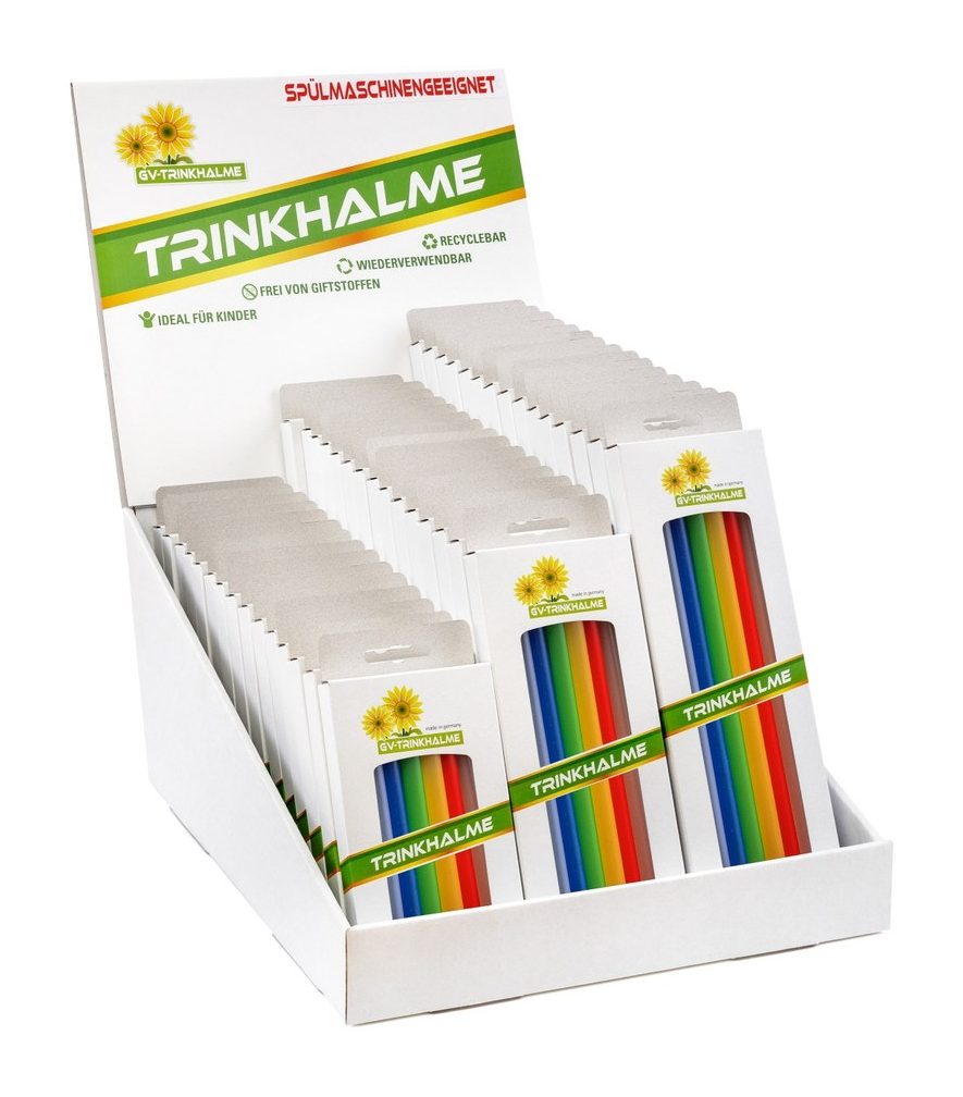 Thekendisplay mit bunten Trinkhalm-Packungen